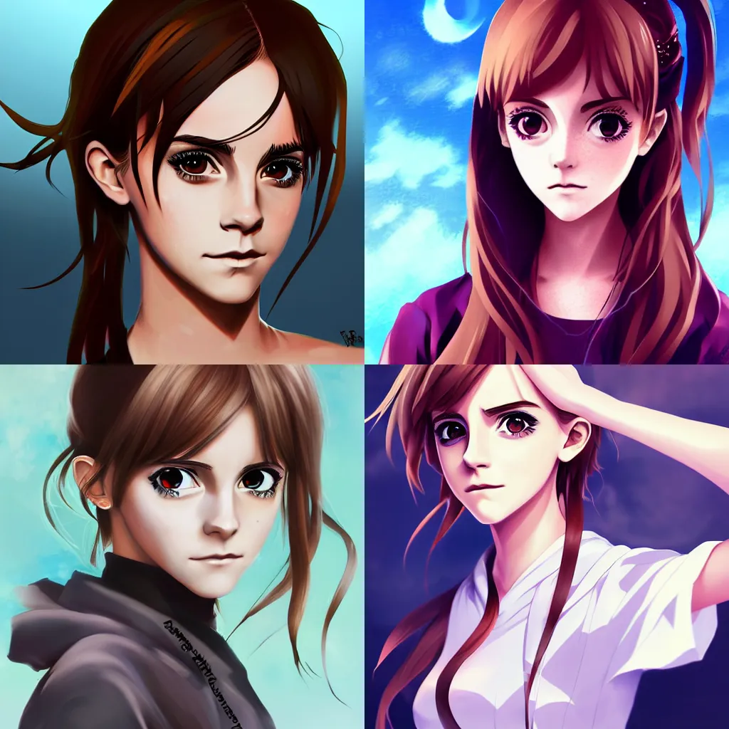 Prompt: anime portrait of emma watson as an anime girl by Andrei Riabovitchev, trending on artstation