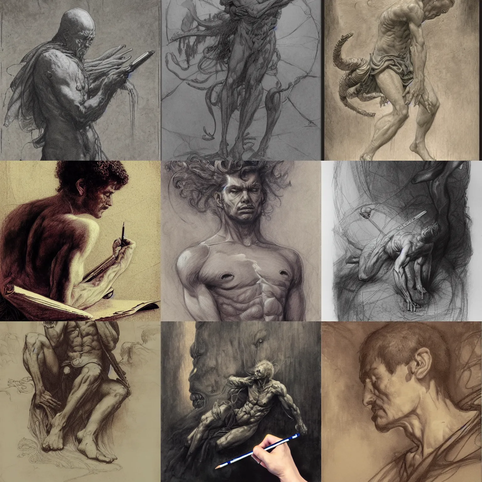 Prompt: a photo of a man drawing in the style of wayne barlowe, gustav moreau, gaston bussiere, roberto ferri, santiago caruso, luis ricardo falero, austin osman spare, saturno butto