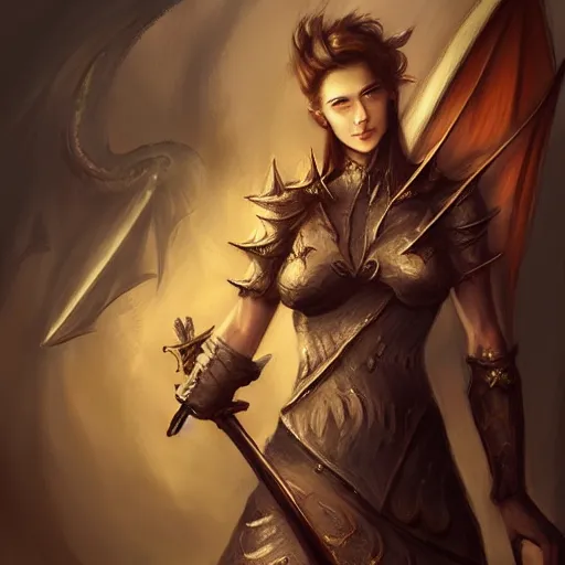 Image similar to a woman holding a sword with a dragon on it, concept art by Ami Thompson, contest winner, fantasy art, official art, concept art, high detail, experimental, high quality, 4k