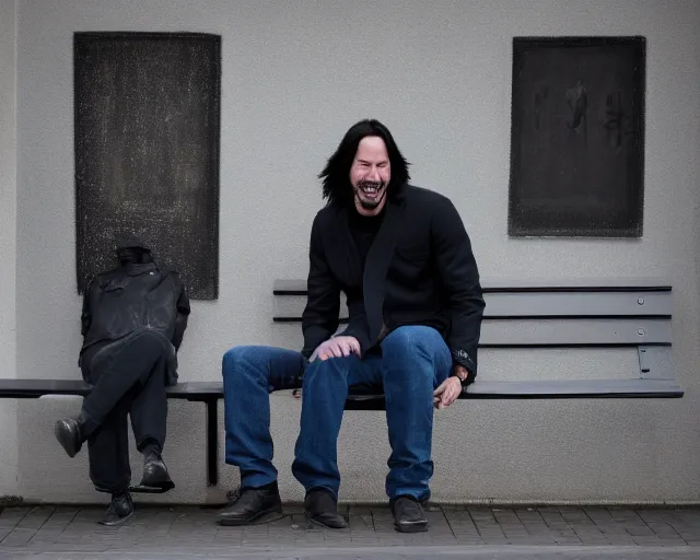 Image similar to 5 5 mm photo of happy keanu reeves in blue jeans and black jacket sitting on a bench in the street. dof. lifelike. ultra detailed. intricate. soft light. nikon d 8 5 0.