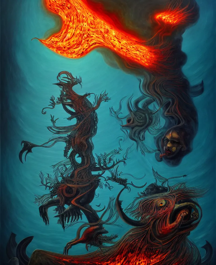 Image similar to mysterious bestiary of wild emotion monsters repressed in the deep sea of unconscious of the psyche lead by baba yaga, about to rip through and escape in a extraordinary revolution, dramatic fire glow lighting, surreal painting by ronny khalil