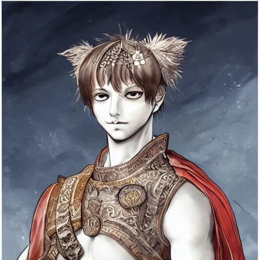 Image similar to illustration of the roman emperor augustus neko man half cat, character design, art station, epic, elegant, masterpiece of yoshitaka amano