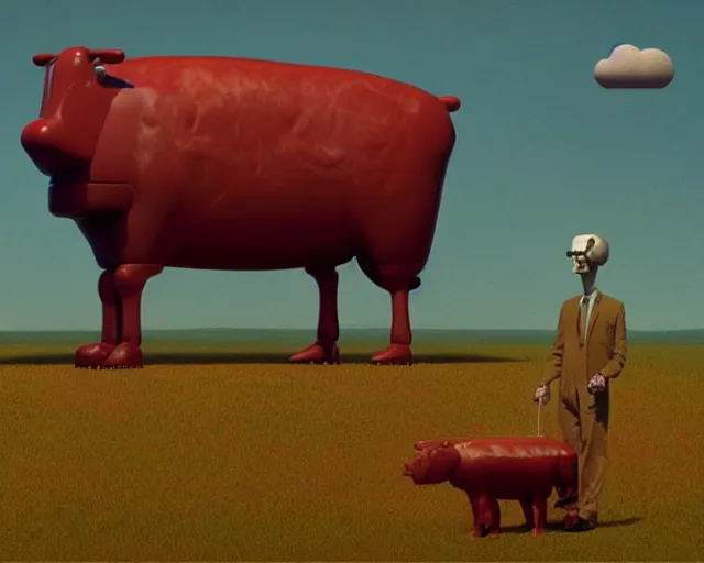 Image similar to Anthropomorphic Animatronic walking beef machine made of meat, painting by Grant Wood, 3D rendering by Beeple, directed by Wim Wenders, cinematography by Robby Müller