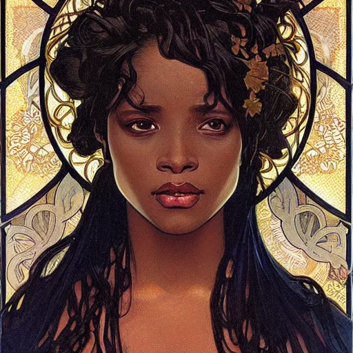 Prompt: realistic detailed face portrait of a beautiful Black woman by Alphonse Mucha, Greg Hildebrandt, and Mark Brooks, Art Nouveau, spirals, Neo-Gothic, gothic, Art Nouveau