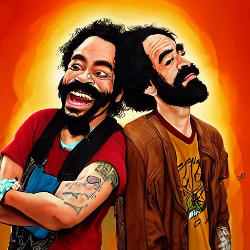 Image similar to portrait of cheech and chong, concept art, artstation, highly detailed, up in smoke, cinematic smoke background,