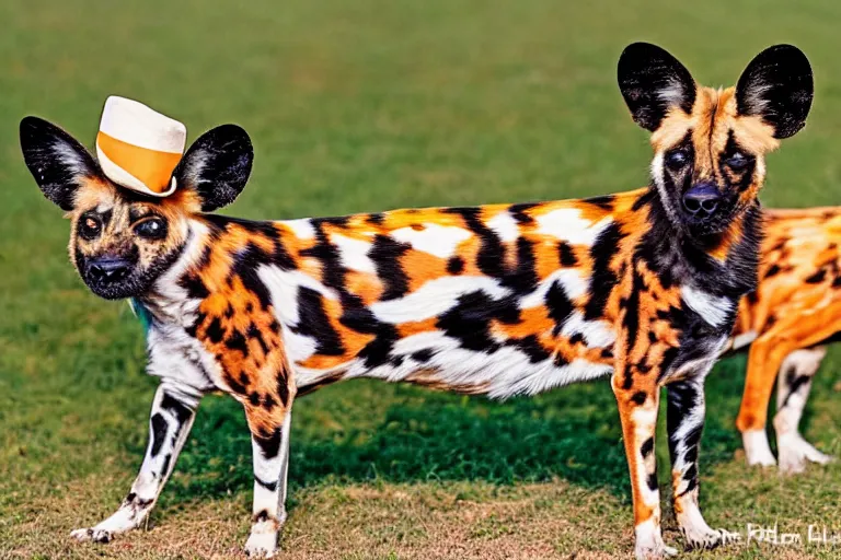 Image similar to A photo of the world's greatest showman: the african painted dog dressed in a hat!