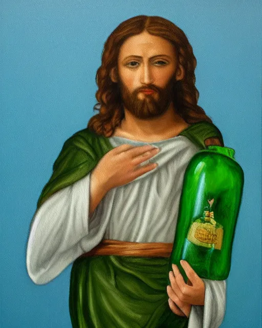 Image similar to detailed painting of jesus christ holding up a green bottle