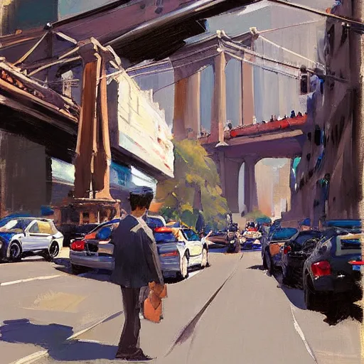 Prompt: a busy street corner under the brooklyn bridge by greg manchess, studio ghibli