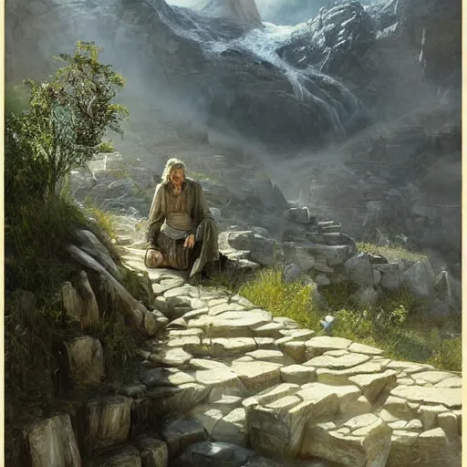 Prompt: tirith mines the lord of the rings, epic masterpiece of cinematographic hyperrealism, realistic shaded lighting poster by craig mallismo, artgerm, jeremy lipkin and michael garmash, unreal engine, radiant light, detailed and intricate environment, digital art, art station trends