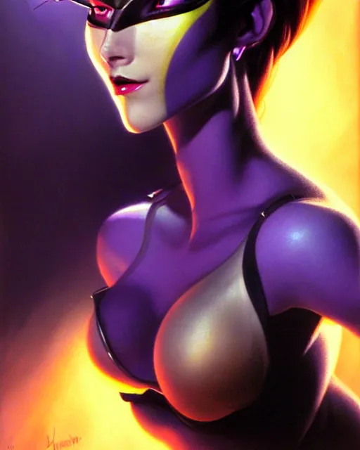 Image similar to widowmaker from overwatch, character portrait, portrait, close up, vintage fantasy art, vintage sci - fi art, radiant light, caustics, by boris vallejo