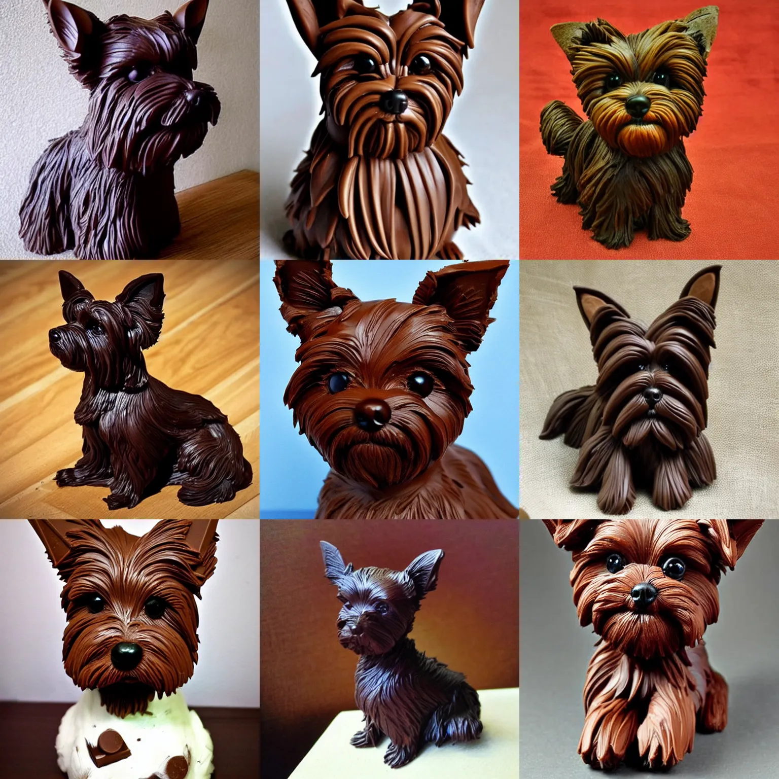 Prompt: a beautiful sculpture of a very cute yorkshire terrier made out of chocolate.