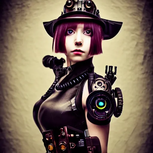 Image similar to prompt, futuristic steampunk, awesome, modelsociety, radiant skin, huge anime eyes, steampunk, rtx on, perfect face, intricate, sony a 7 r iv, symmetric balance, polarizing filter, photolab, lightroom, 4 k, dolby vision, photography award