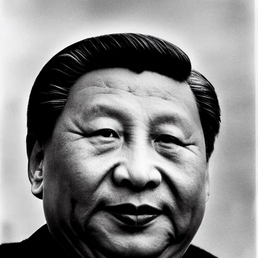 Image similar to photo of Xi Jinping by Diane Arbus, extreme closeup, black and white, high contrast, Rolleiflex, 55mm f/4 lens