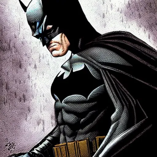 Image similar to the batman appearing out of the shadows, artwork by jim lee, frightening, fear, scary, intimidating, digital art