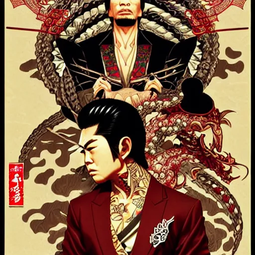 Image similar to a Yakuza warrior illustration, medium shot, intricate, elegant, highly detailed, digital art, ffffound, art by JC Leyendecker and sachin teng