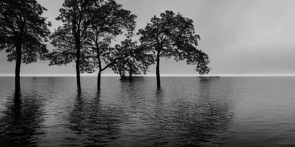 Prompt: centered photograph of a infintely long rope zig zagging across the surface of the water into the distance, floating submerged rope stretching out towards the center of the lake, a dark lake on a cloudy day, moody scene, trees in the background, hyper - detailed photo, anamorphic lens