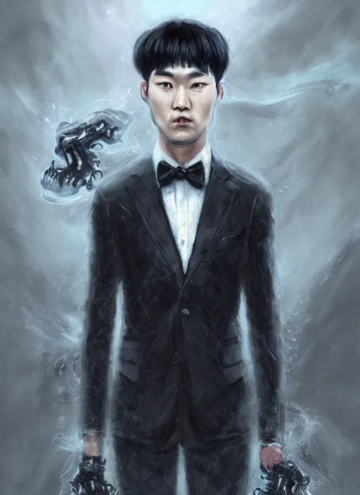 Prompt: a highly detailed illustration of fierce korean man with bowl cut black hair wearing suit and tie with giant black claws, wielding giant black fog claws pose, foggy lovecraftian black mist surrounding background, perfect face, intricate, elegant, highly detailed, centered, digital painting, artstation, concept art, smooth, sharp focus, league of legends concept art, wlop.