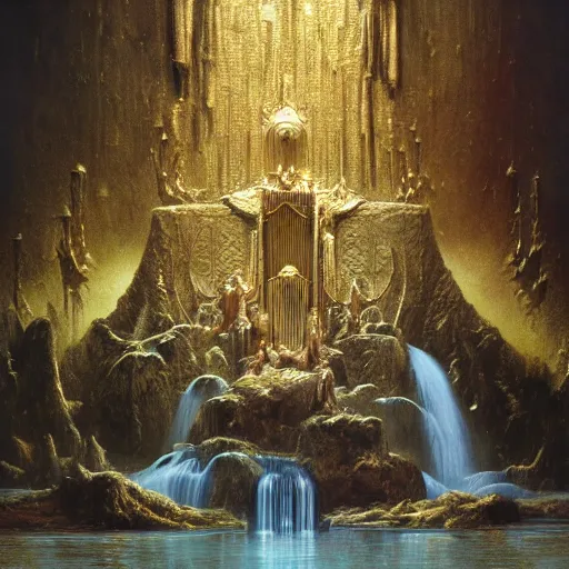 Image similar to the throne of abudance, matte painting, gold waterfalls | highly detailed oil painting, hyperrealistic, very intrincate | cinematic lighting, award - winning | by rachel ruysch, giger, beksinski and bocklin | by austin osman spare and william blake, trending on artstation, cgsociety, official art, octane.