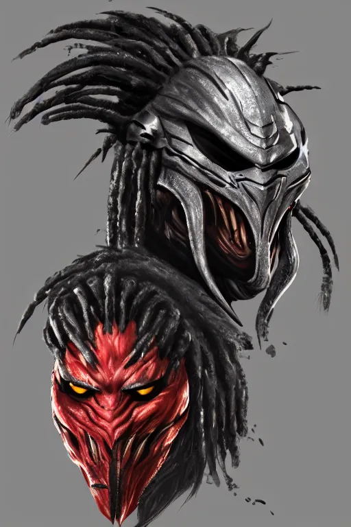 Image similar to predator 1 9 8 7 masked face redesign, portrait, highly detailed, black smooth dreads, mandables, digital painting, trending on artstation, concept art, illustration