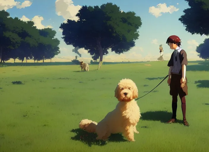 Prompt: france 1 9 2 0's, young adult playing with a goldendoodle dog on a green meadow, golden hour, finely detailed perfect art, gapmoe yandere grimdark, trending on pixiv fanbox, painted by greg rutkowski makoto shinkai takashi takeuchi studio ghibli