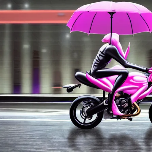 Prompt: hyper realistic, photo, humanoid pink female Squid girl, popping motorcycle wheelie on fast in the rainy city traffic