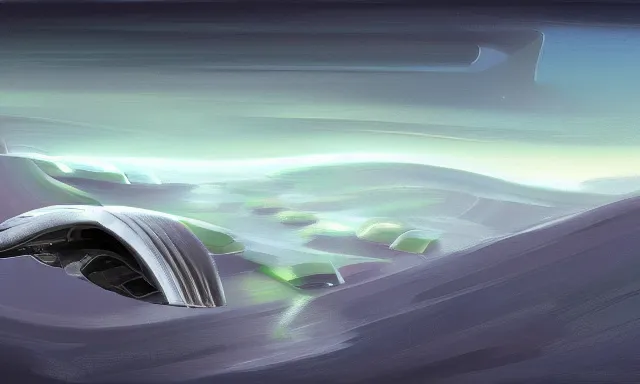 Prompt: landscape painting of a spaceship, futuristic, clean design, digital painting, sharp focus