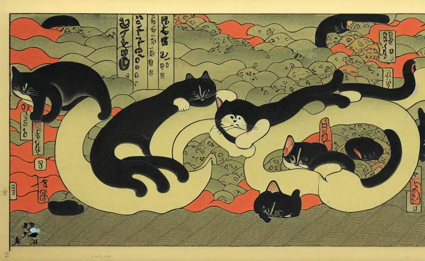 Image similar to business dashboard with time series charts, pie plots and other modern graphics, with small creatures swimming on it. diego rivera ( in ukiyo - e style ). ravi supa. cat