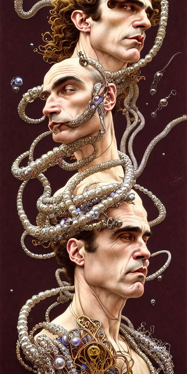 Image similar to handsome daniel day lewis art nouveau fantasy character portrait, ultra realistic, intricate details, the fifth element artifacts, highly detailed by peter mohrbacher, hajime sorayama, wayne barlowe, boris vallejo, aaron horkey, gaston bussiere, craig mullins alphonse mucha, art nouveau curves swirls and spirals, flowers pearls beads crystals jewelry goldchains scattered