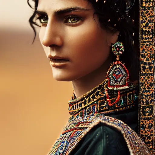 Image similar to portrait of a stunningly beautiful persian tribal female, depth of field, zeiss lens, detailed, symmetrical, centered, fashion photoshoot, by Annie Leibovitz and Steve McCurry, David Lazar, Jimmy Nelsson, Breathtaking, 8k resolution, extremely detailed, beautiful, establishing shot, artistic, hyperrealistic, beautiful face, octane render