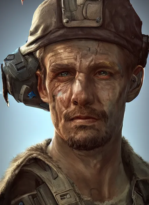 Prompt: A post apocalyptic comic book style portrait painting of a male ranger elder, unreal 5, DAZ, hyperrealistic, octane render, cosplay, RPG portrait, dynamic lighting