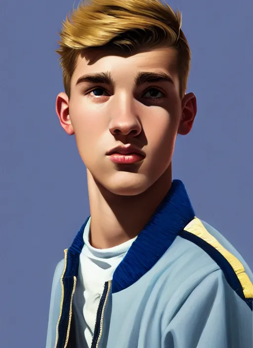 Image similar to portrait of a teenage boy named moose mason, blonde short hair, jock, beefy, square jaw, square facial structure, 1 9 5 0 s, blue varsity jacket, intricate, elegant, glowing lights, highly detailed, digital painting, artstation, concept art, smooth, sharp focus, illustration, art by wlop, mars ravelo and greg rutkowski