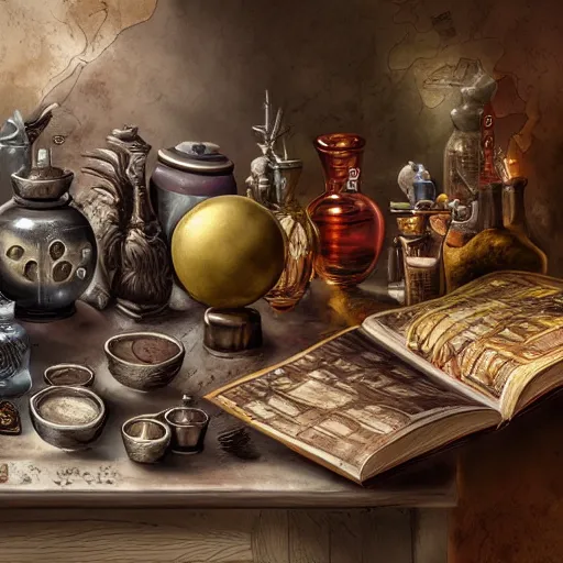 Image similar to hyper real, table, map, wizards laboratory, lisa parker, tony sart, mortar, pestle, scales, energy flowing, magic book, beakers of colored liquid