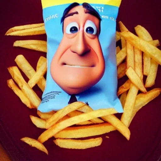 Image similar to [ a french fry chip ] shaped like stephen fry as a pixar character hybrid intercross mix