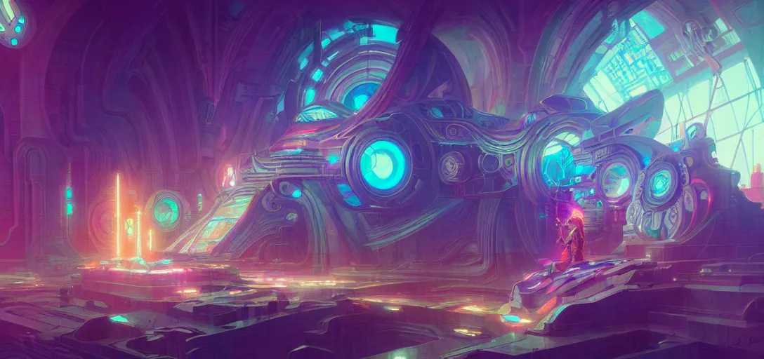 Image similar to a cybernetic temple, vaporwave aesthetic, colorful, psychedelic, digital painting, artstation, concept art, smooth, sharp focus, illustration, art by artgerm and greg rutkowski and alphonse mucha