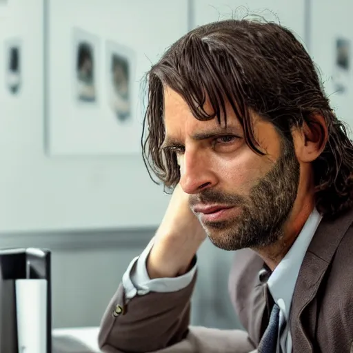 Prompt: handsome man of 3 9 years old, green eyes, light brown, good looking, wide round nose, mid long hair, in an office by david rutkowski, by artgem