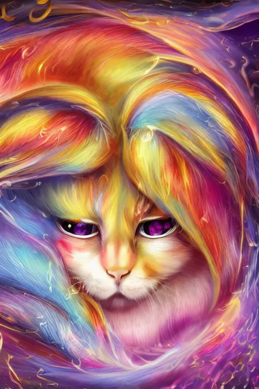 Image similar to Recursive image with a well rounded Calico feline, large eyes, shiny soft fur, anatomically correct, surrounded by swirling wisps of jelly, oil pastels and gold, anime, cartoon, modeled in Poser, Redshift render, UHD