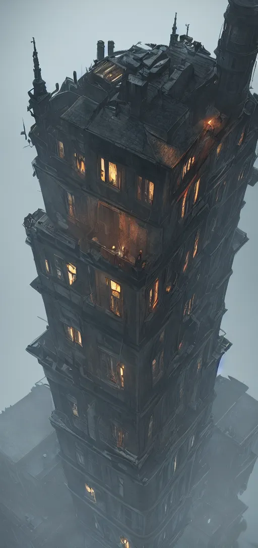 Image similar to dishonored dunwall tower, dishonored aesthetic, cinematic lighting, rainy weather, melancholy atmosphere, artstation, dunwall city, gothic architecture, volumetric light, octane render, dishonored game, dishonored 1, atmosphere or depression and despair
