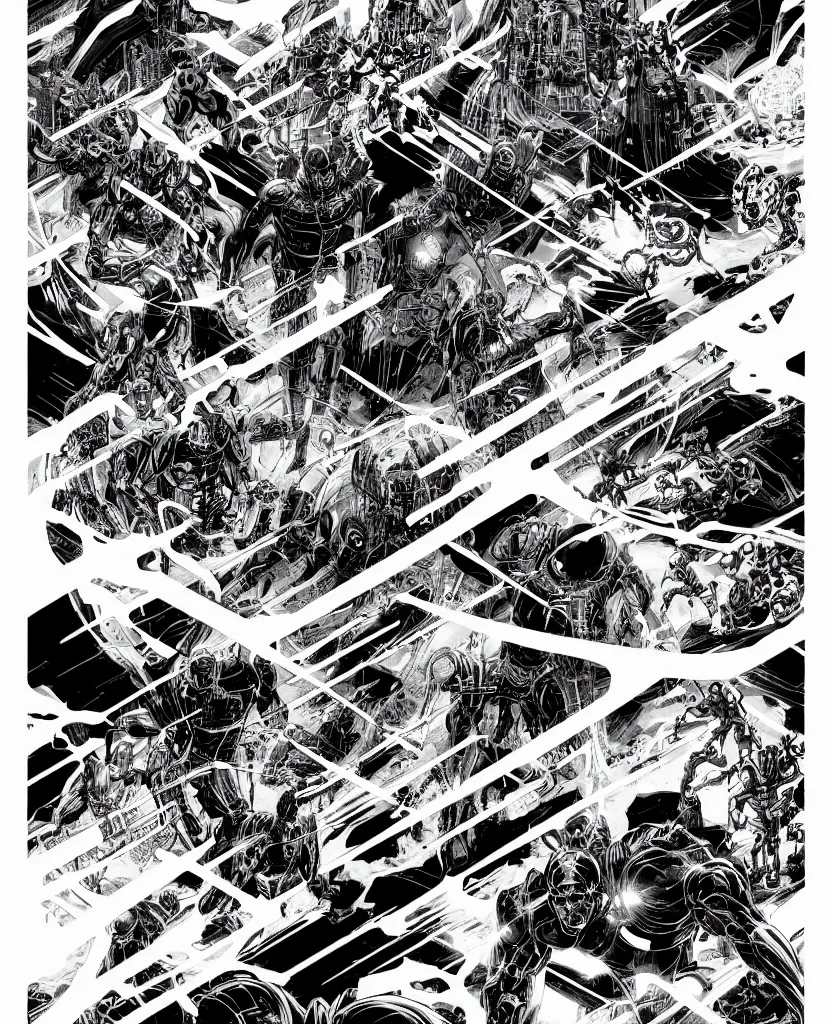 Prompt: black and white avengers fights with marvel monsters with wires, isometric, by tsutomu nihei, background cybernetic planets