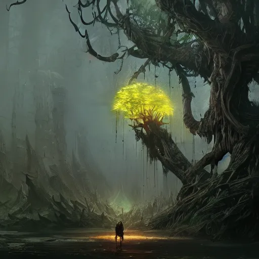 Prompt: living tree, in the shape of a rat with legs and yellow eyes, dark land, by greg rutkowski, trending on art station, highly detailed, magic the gathering, matte painting