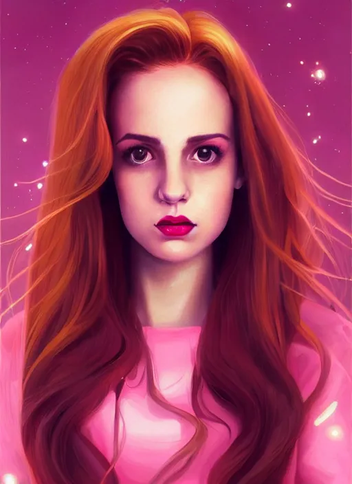 Image similar to full body portrait of teenage cheryl blossom, bangs, green eyes, sultry expression, red hair, sultry smirk, bangs and wavy hair, pink skirt, bangs, intricate, elegant, glowing lights, highly detailed, digital painting, artstation, concept art, smooth, sharp focus, illustration, art by wlop, mars ravelo and greg rutkowski