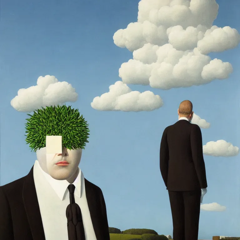 Image similar to portrait of a faceless beautiful flower - head man in a suit, clouds in the background, by rene magritte, detailed painting, distance, middle centered, hd, hq, high resolution, high detail, 4 k, 8 k