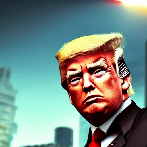 Image similar to Donald Trump as Duke Nukem, splash art, movie still, cinematic lighting, dramatic, octane render, long lens, shallow depth of field, bokeh, anamorphic lens flare, 8k, hyper detailed, 35mm film grain