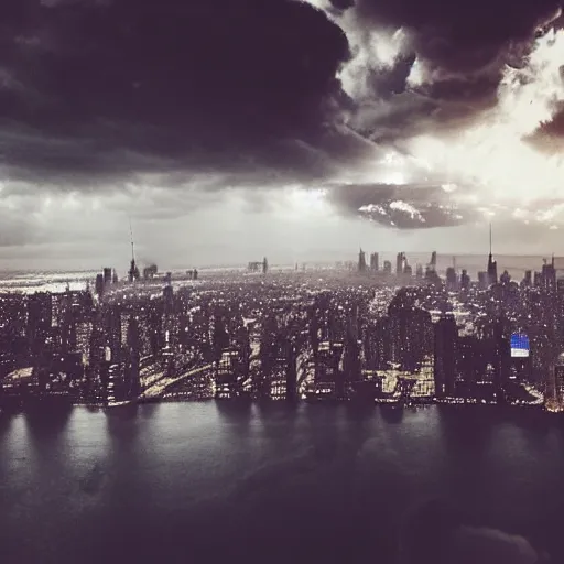 Image similar to “ looking down at a futuristic new york city below, ghostpunk, blade runner, storm clouds, rain, very detailed, realistic, 4 k ”