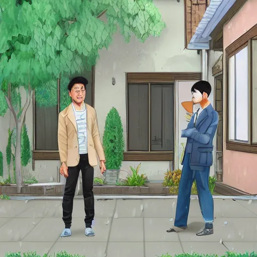 Image similar to One rainy day, a burly asian detective and a young asian male scientist were talking in front of a villa seriously. digital art,trending on artstation.