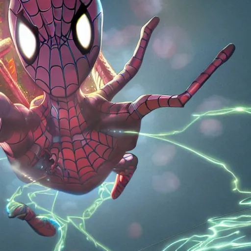 Image similar to spiderman with pink suit and yellow glowing eyes, and alien ears, anime cinema photorealistic beautiful cinematic world of chrono trigger in the style of studio ghibli. hyperdetailed photorealism, 1 0 8 megapixels, amazing depth, glowing rich colors, powerful imagery, psychedelic overtones, 3 d finalrender, 3 d shading, cinematic lighting, artstation concept art