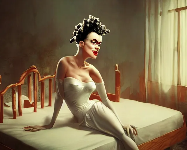 Image similar to phtorealistic modern pin up of the bride of frankenstein posing in a bed in the room of a sanatarium, full body, campy color scheme, realistic, center, smooth, detailed, 8 k, artstation, octane render, ambient lighting, daniela uhlig