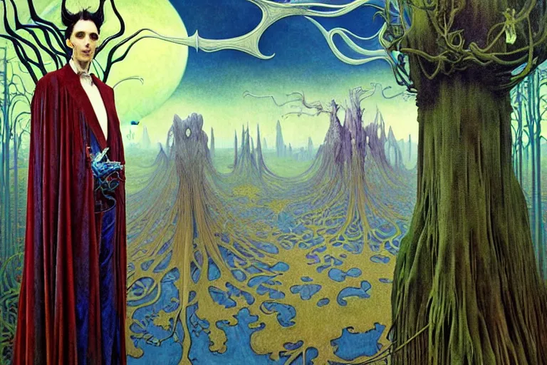 Image similar to realistic extremely detailed portrait painting of an elegantly creepy vampire man in a cape, futuristic sci-fi castle and forest on background by Jean Delville, Amano, Yves Tanguy, Alphonse Mucha, Ernst Haeckel, Edward Robert Hughes, Roger Dean, rich moody colours, blue eyes