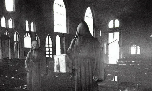 Prompt: cultists dressed in robes with masks and gloves, burnt church interior, ceremonial, realistic photo, cctv footage, investigative footage