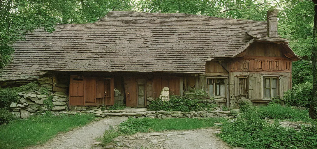 Image similar to house in carpathian vernacular style. outdoor landscaping designed by frederick law olmsted. fujinon premista 1 9 - 4 5 mm t 2. 9. portra 8 0 0.