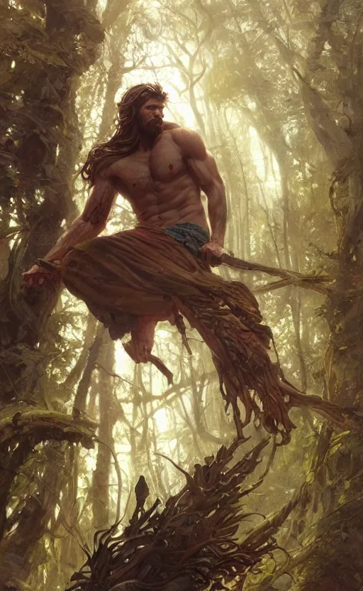 Image similar to god of the forest, 3 0 years old, rugged, handsome, male, detailed face, clean lines, atmospheric lighting, amazing, full body, flowers, muscular, intricate, highly detailed, digital painting, artstation, concept art, sharp focus, illustration, art by greg rutkowski and alphonse mucha